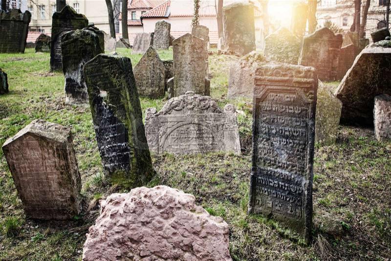Tombstones in the Josefov cemetery, old ghetto of Prague, Czech Republic, stock photo