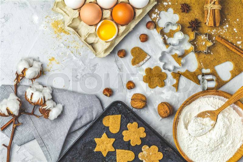 Culinary Spring or Christmas food background. Ingredients for ginger cookies. Dough for baking. View from above, stock photo