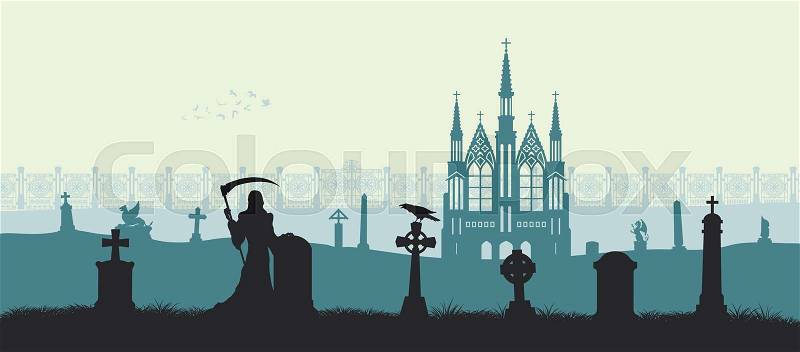 Black silhouette of gothic cemetery. Reaper with scythe as symbol of death. Medieval architecture. Graveyard with gate, church and tombstones. Halloween scene. ..., vector