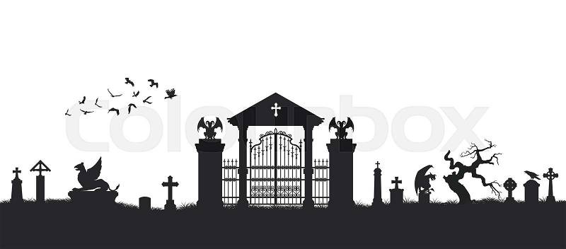 Black silhouette of gothic cemetery. Medieval architecture. Graveyard with gate, crypt and tombstones. Halloween scene. Vector illustration, vector