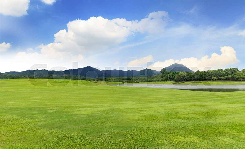 Golf course with Green grass and trees in beautiful park under the blue sky, stock photo