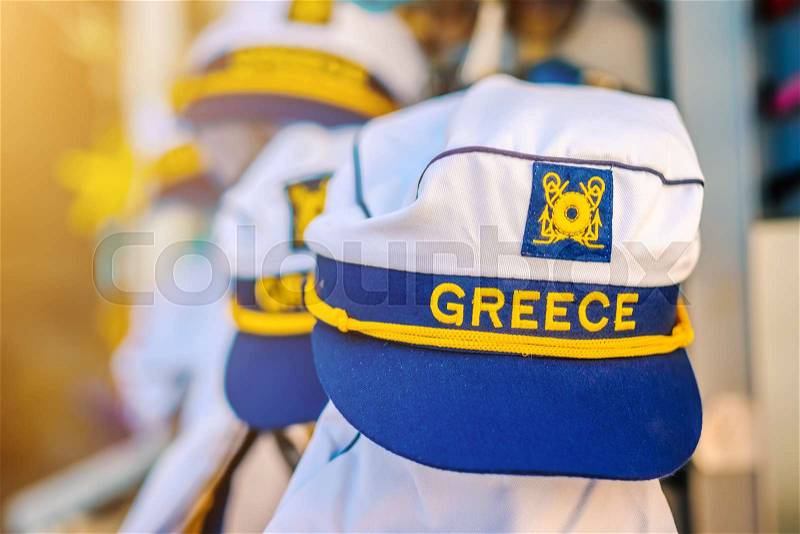 Greek sailor cap with blurred background, stock photo