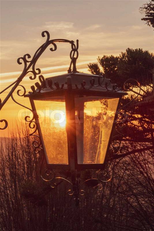 Street lamp in the evening at sunset close up, stock photo