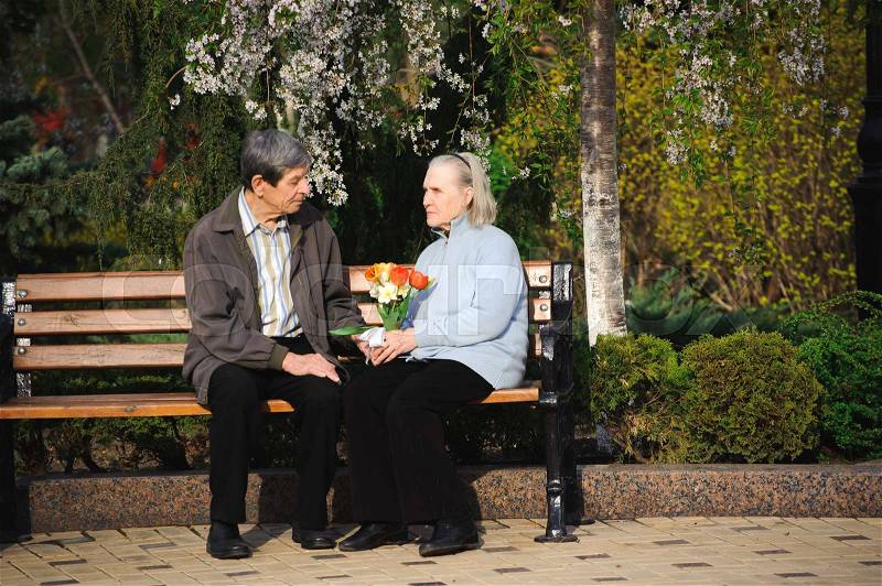 Beautiful happy old people sitting in the autumn park, stock photo