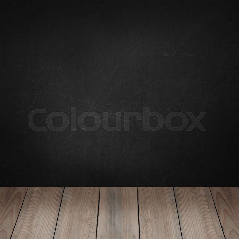 Black chalkboard wall and wooden board floor background for advertising marketing and product placement, stock photo
