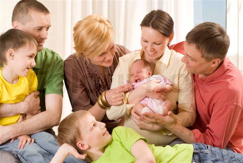 Family of seven people, stock photo