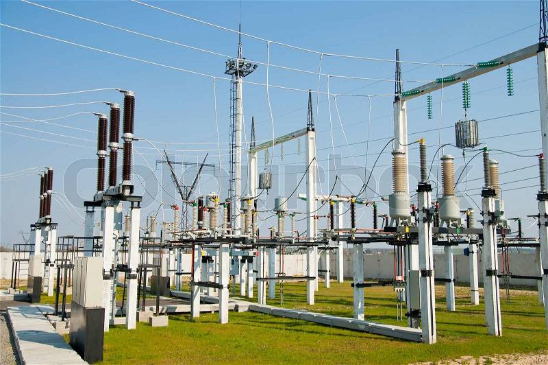 General view to high-voltage substation, stock photo