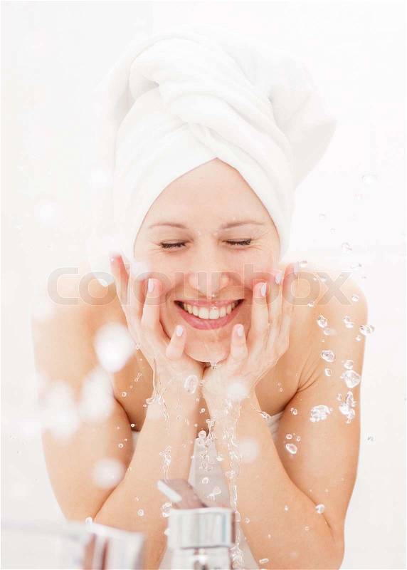 Happy woman wash herself, stock photo