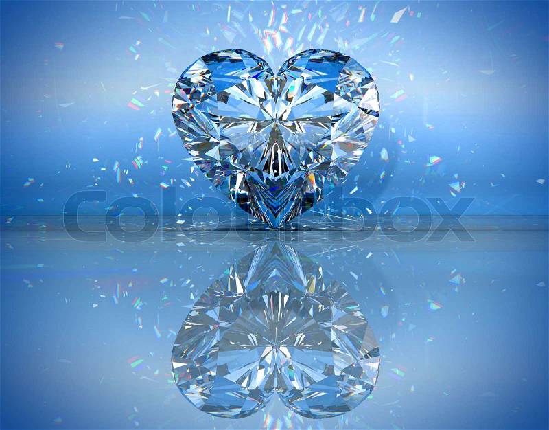 Heart shaped diamond over blue with reflection, stock photo