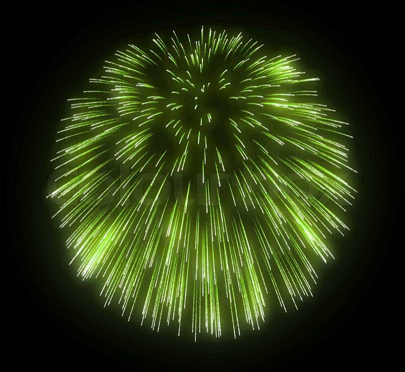 Green festive fireworks explosions over black background, stock photo