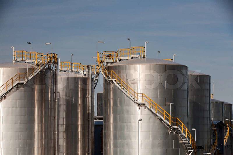 Large tanks in the chemical factory, stock photo