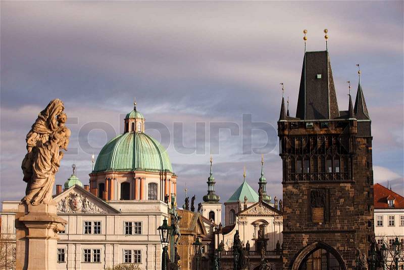 Old Town bridge tower at one end of Charles bridge on Vltava river in Prague, stock photo