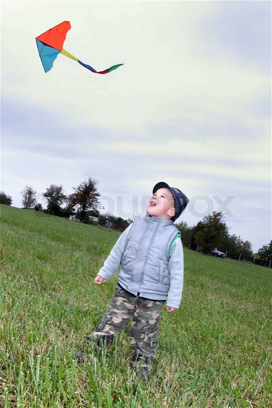 Little boy with kite fly on meadow in autumn, stock photo