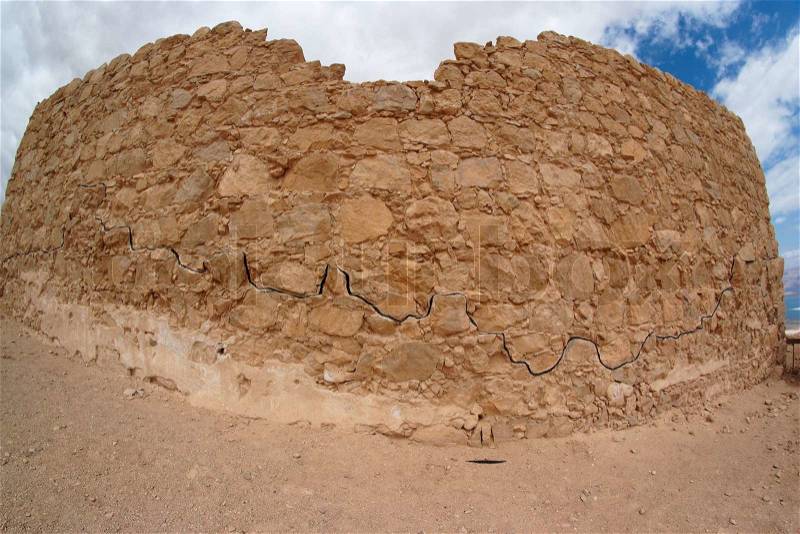 Fisheye view of ancient fortress ruin in the desert near the Dead Sea, stock photo