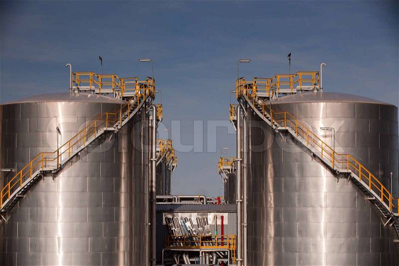 Large tanks in the chemical factory, stock photo