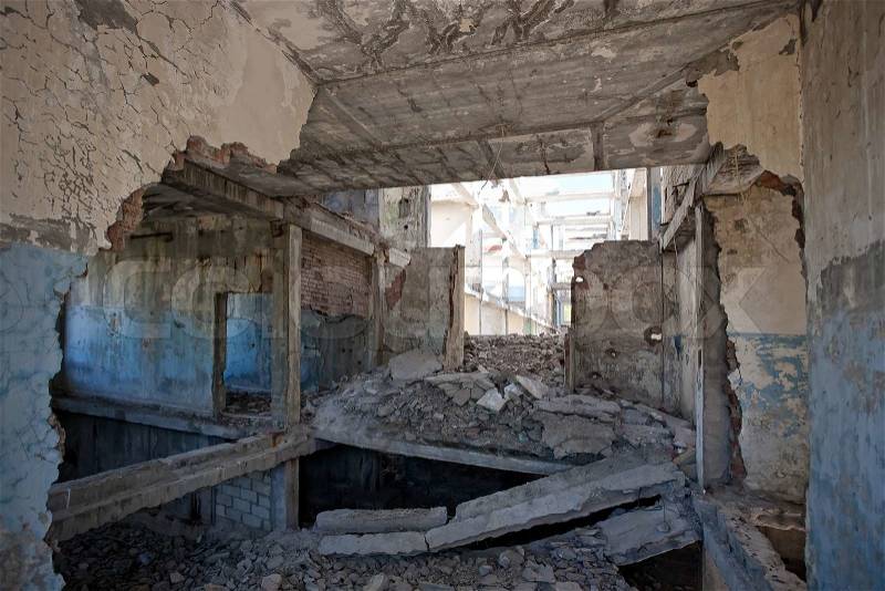 Destroyed building. View from inside, stock photo