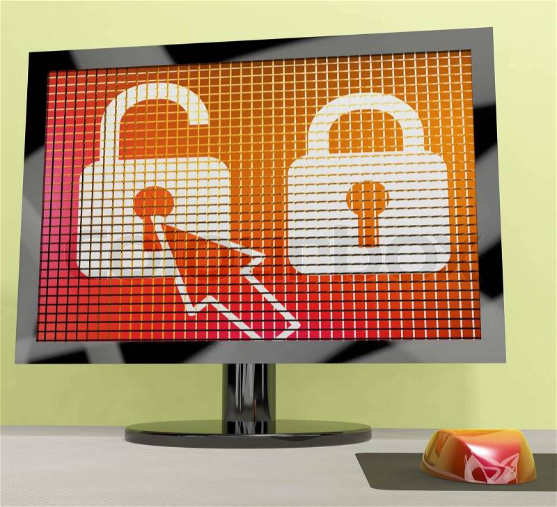 Unlocked Padlock Computer Screen Showing Access Or Protection, stock photo