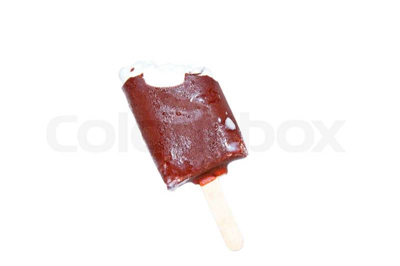 Chocolate covered ice-cream with missing bite over white, stock photo