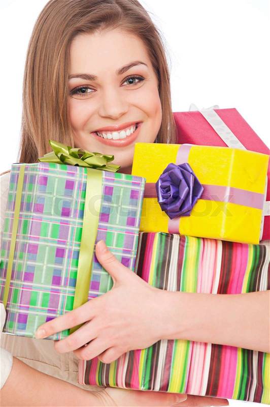 Happy girl with gift boxes, stock photo - 3997569-happy-girl-with-gift-boxes