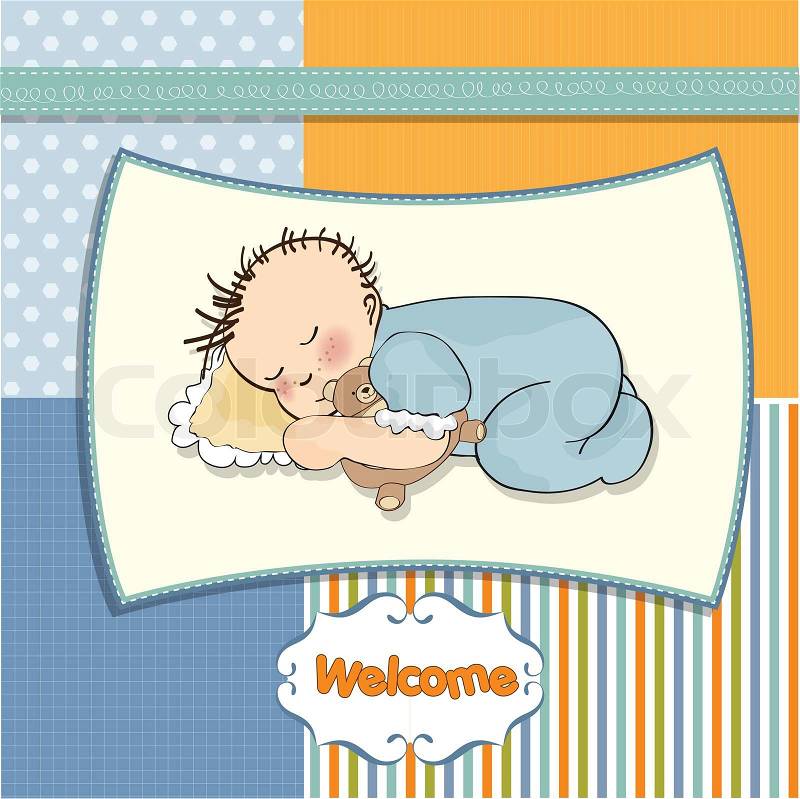 Little baby boy sleep with his teddy bear toy, vector