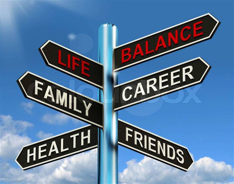 Life Balance Signpost Shows Family Career Health And Friends, stock photo