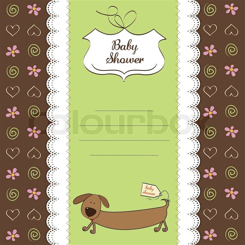 Funny baby shower card with long dog, vector