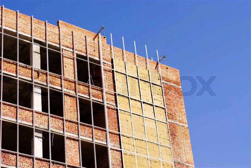 Office building construction site Thermal insulationof walls, stock photo