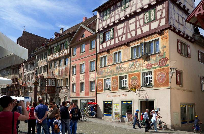 Painted facade of a historic building in the Swiss city Stein an Rhein, stock photo