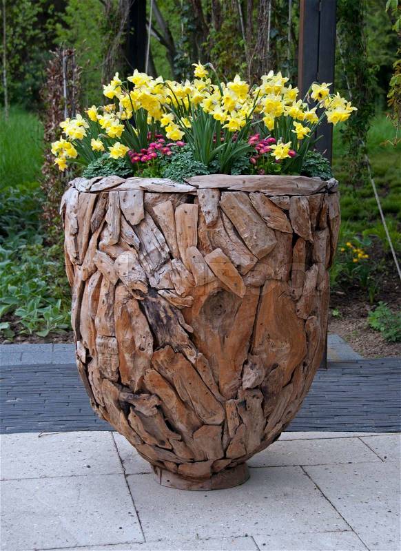 Wooden vase with yellow narcissus, stock photo