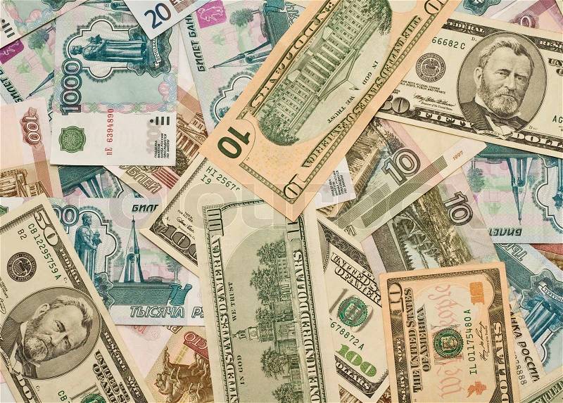 World money - Dollars, euros, russian roubles, stock photo
