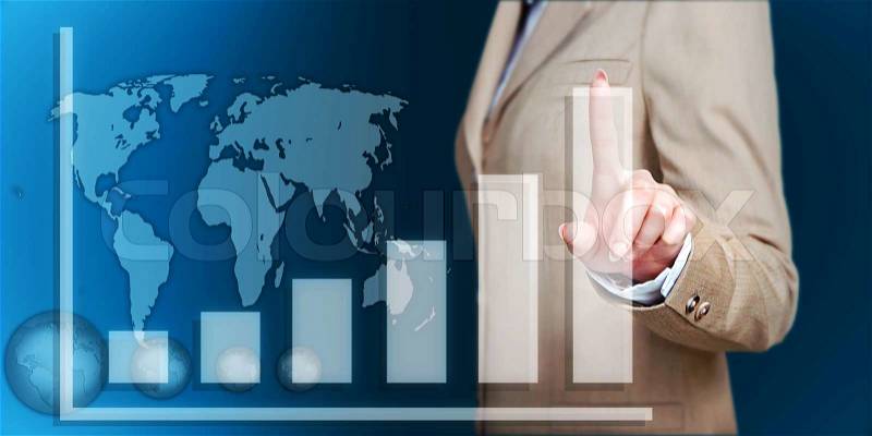 Business woman hand touch virtual graph,chart, diagram over blue background, stock photo