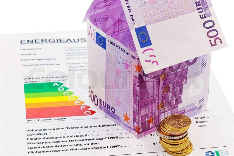 House from â‚¬ banknotes and energy performance certificate, stock photo