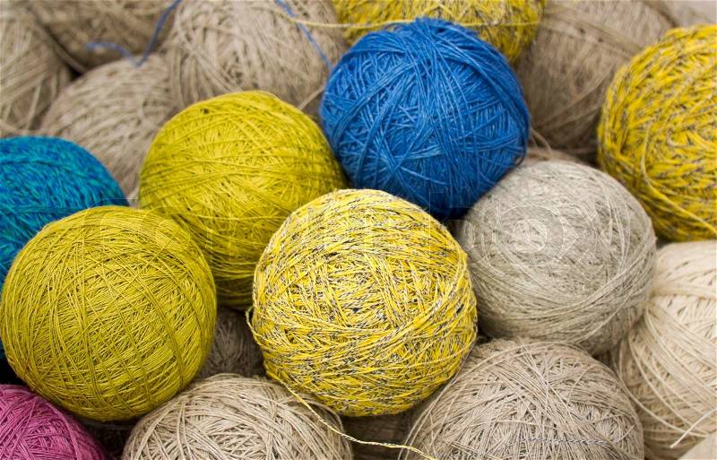 Balls of yarn from natural fibers of hemp, stock photo