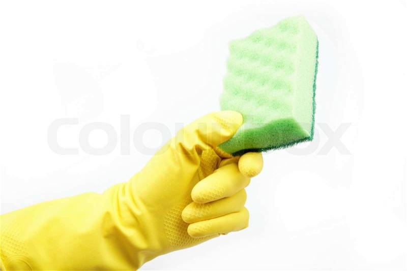 Hand with rubber glove and cleaning sponge on white background, stock photo