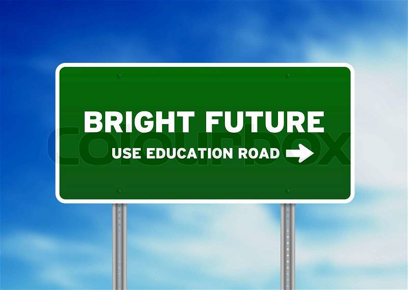 Green Bright Future Highway Sign on Cloud Background, stock photo