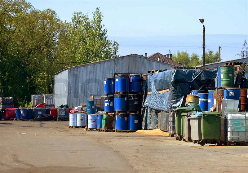 Factory of hazardous waste Containers of hazardous waste, stock photo