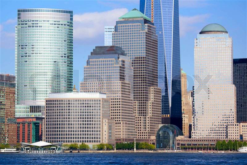 World Financial Center viewed from the Hudson river, New York, USA, stock photo