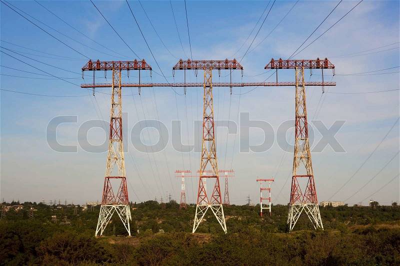 Power transmission lines across river Dnepr, stock photo