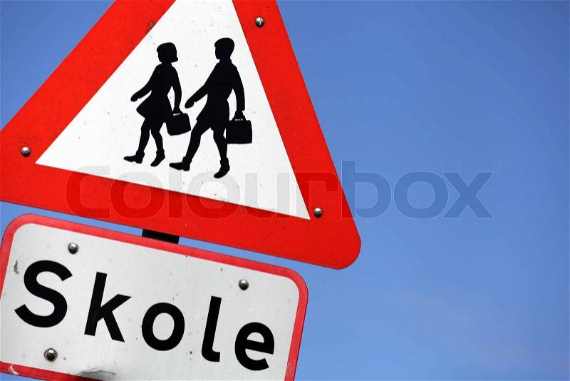 School sign - drive carefully, be aware of the children, stock photo