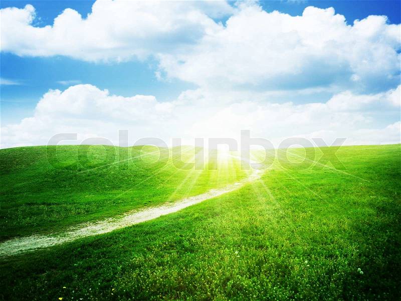 Green hills under bright sun, natural backgrounds, stock photo