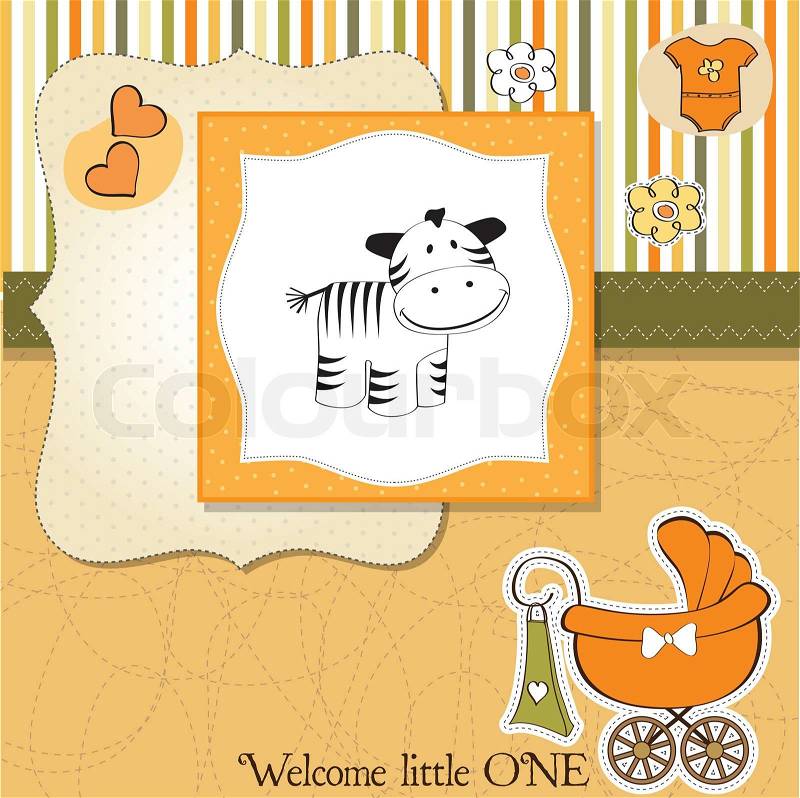Cute baby shower card with zebra, vector