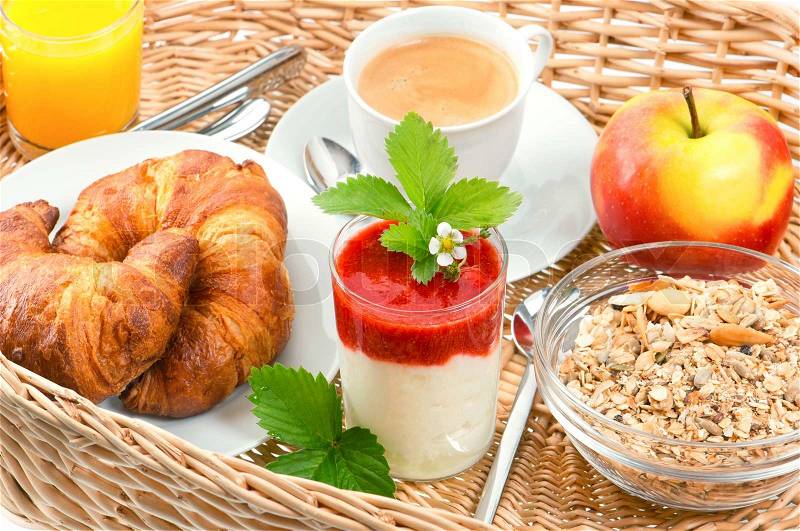 Breakfast with coffee, croissants and orange juice, stock photo