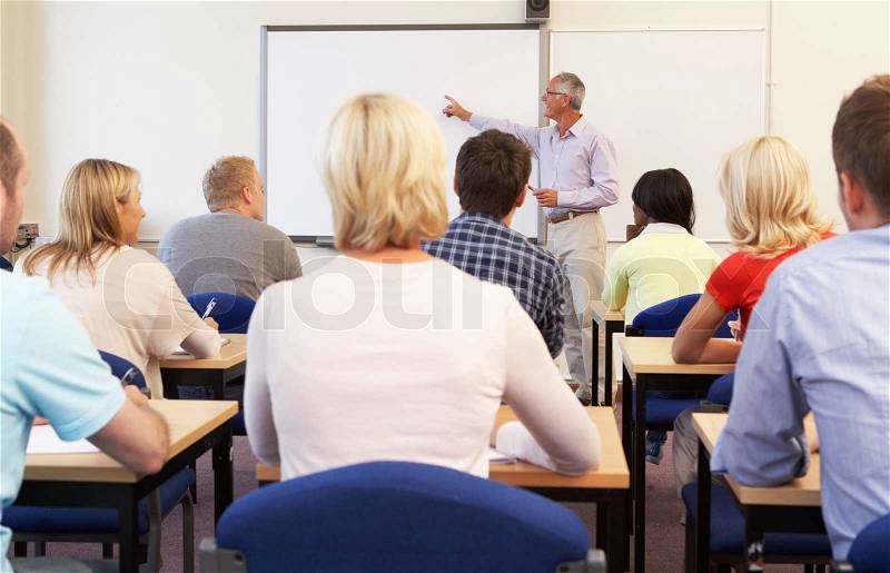 Senior tutor teaching class, stock photo