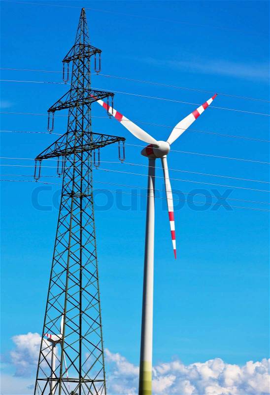 Wind turbine of a wind power plant for electricity, stock photo
