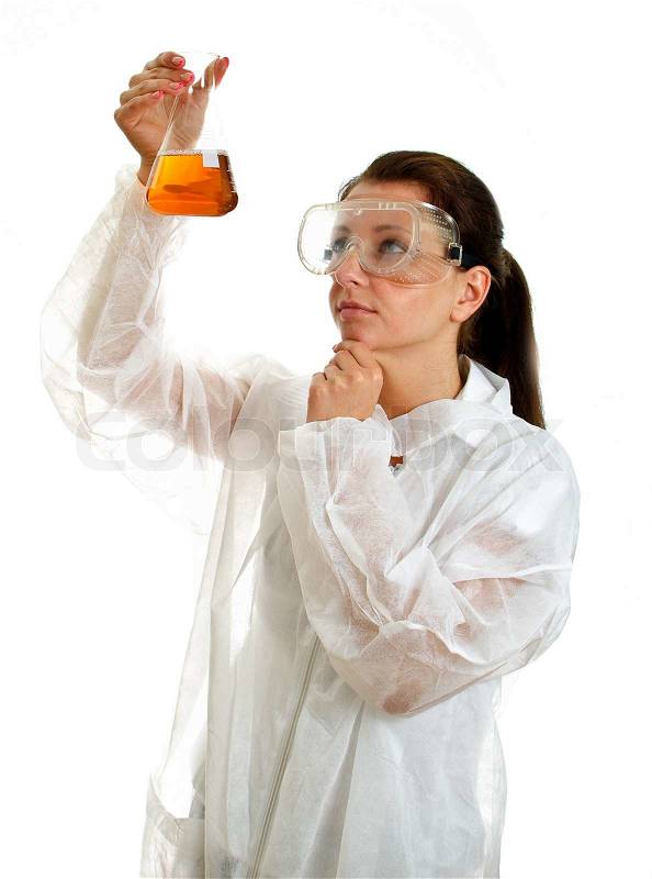 Female scientist in lab coat with chemical glassware Isolated on