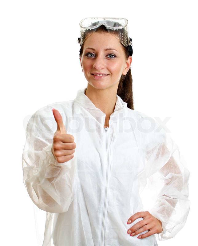 Female scientist in lab coat with thumb up gesture Isolated on
