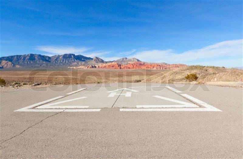 Helicopter pad with a view of the Mojave Desert, stock photo