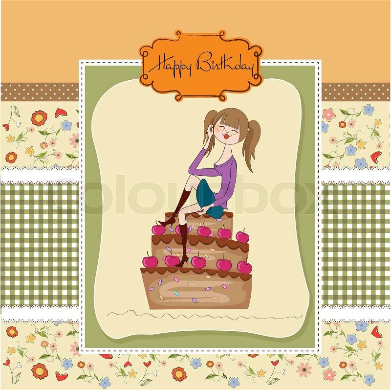 Sexy young woman sitting on a big cake, vector