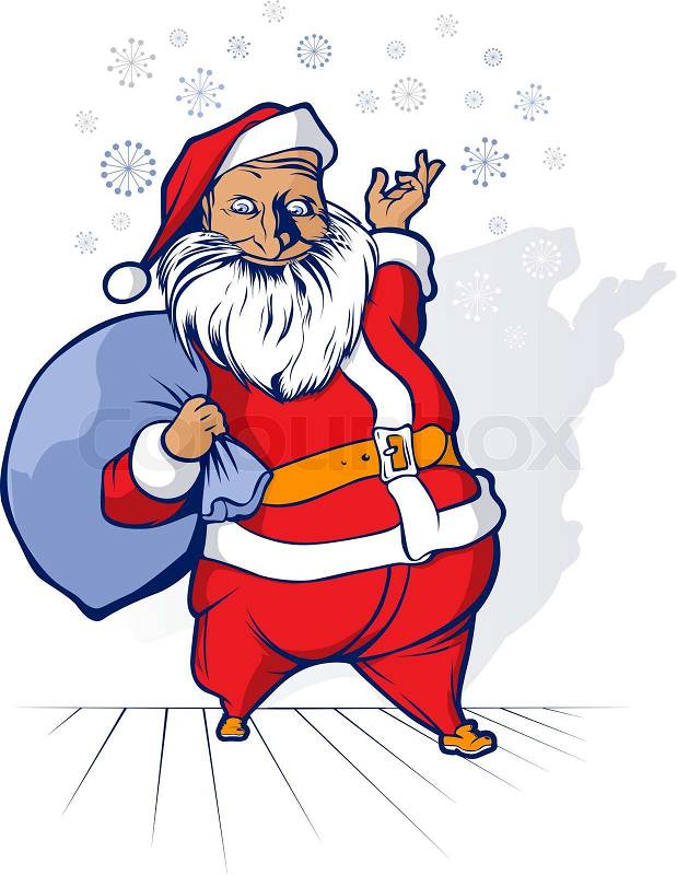 Cartoon funny santa smile with a bag of gifts, vector