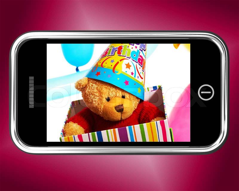 Teddy Bear Birthday Gift Photo On Smartphone, stock photo